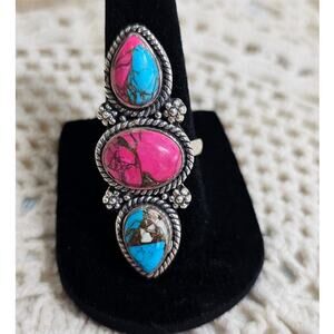Triple Stone Cotton Candy Turquoise Sterling Silver Statement Ring Size 7.5